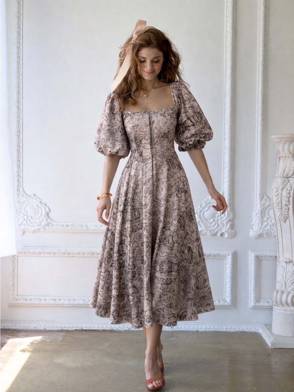 Selkie Heritage Brown Toile Day Dress - S - Midi Cottagecore Dress